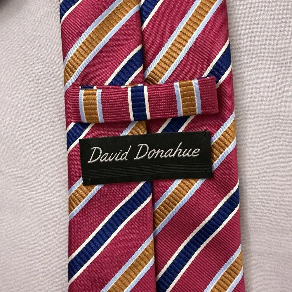 David Donahue Luxury Tie Red Blue Striped Silk Necktie Woven In Italy Made USA